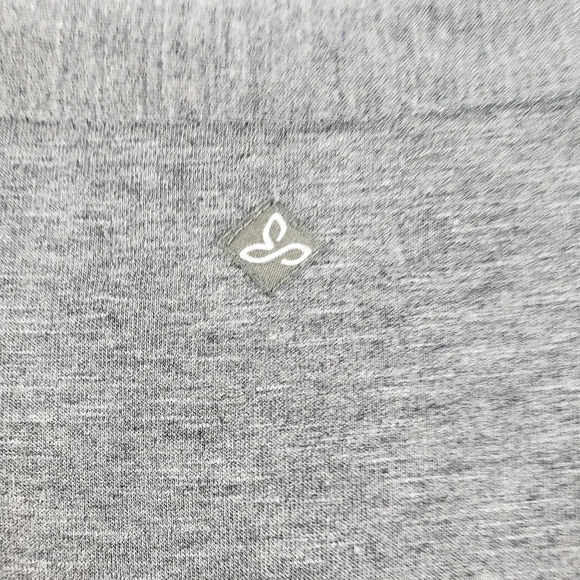 PRANA Ashlyn heather grey mixed media tab sleeve split 'V' neck hi low blouse - Picture 12 of 12